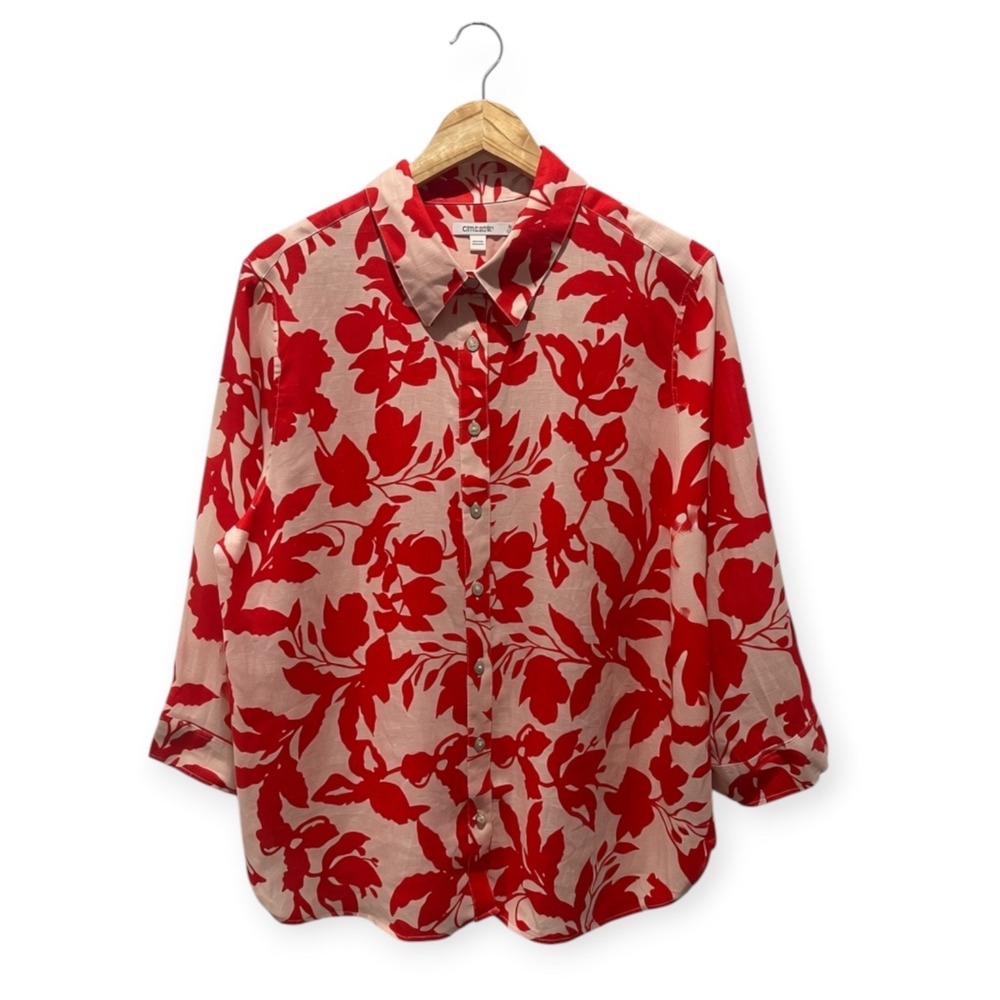 Chico's Linen Button Down Shirt Red Floral Pink Size 3 US 16